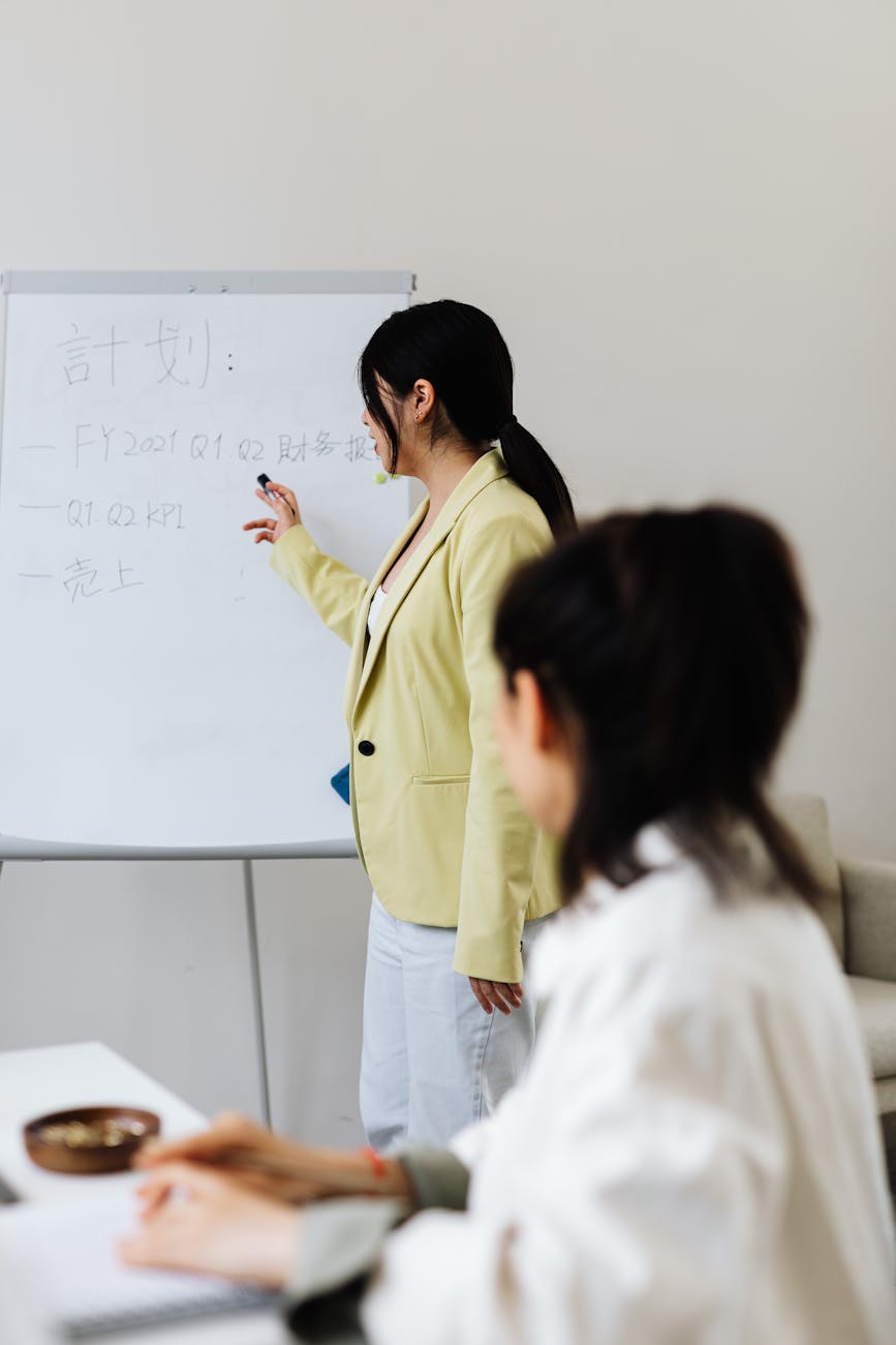woman in yellow blazer doing a presentation
